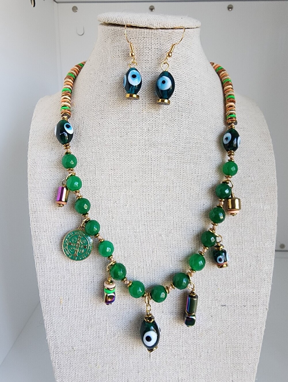 Murano Glass Evil Eye Necklace Set Green Puka Shell Hematite 18-20"
